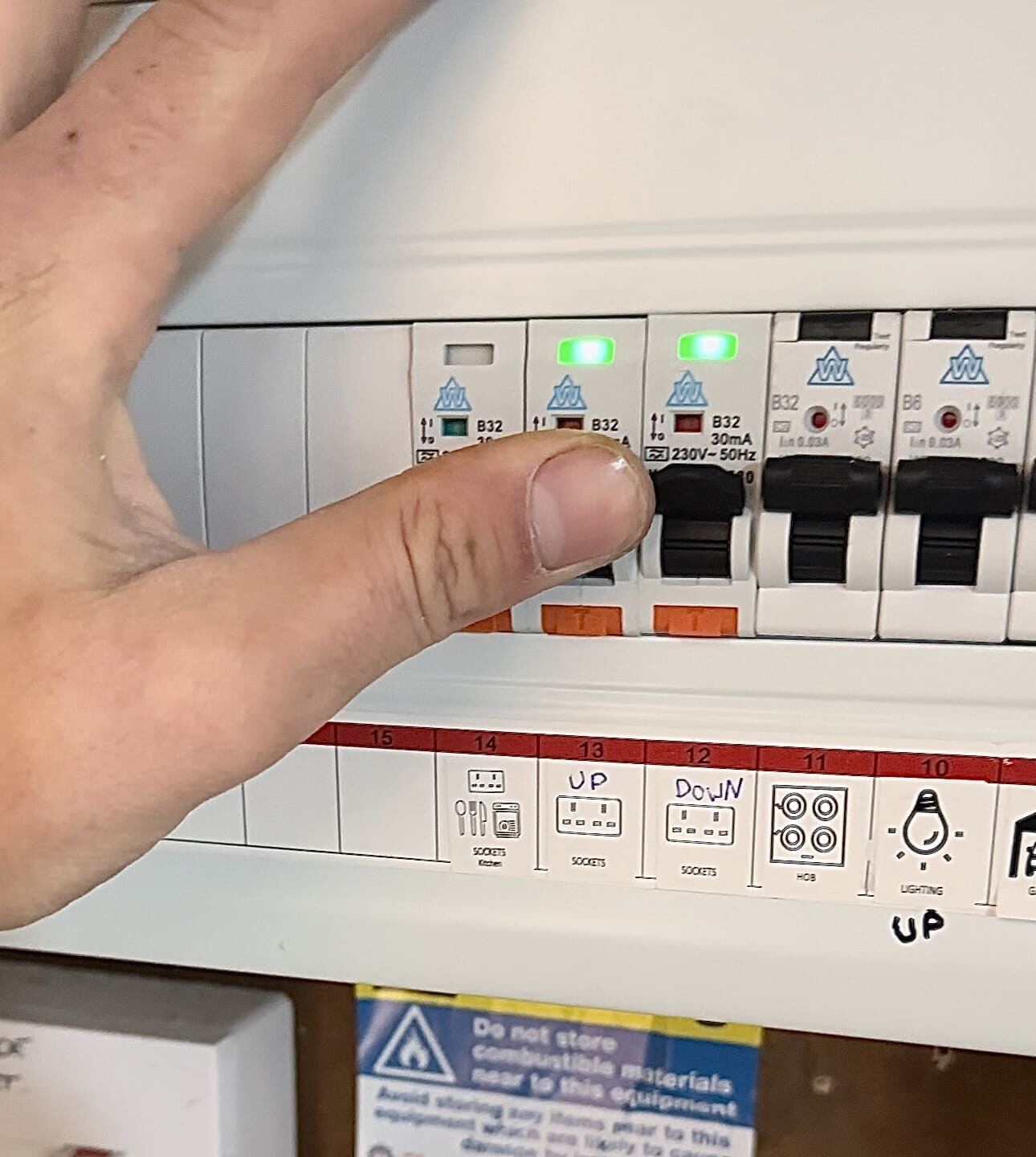 Northern Tec electrician verifying RCBO operation on a domestic consumer unit