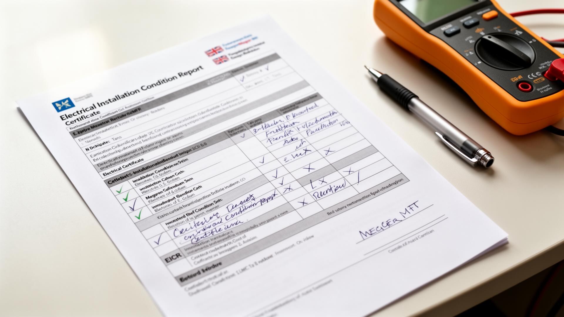 Completed Electrical Installation Condition Report (EICR) certificate alongside a Megger MFT test instrument