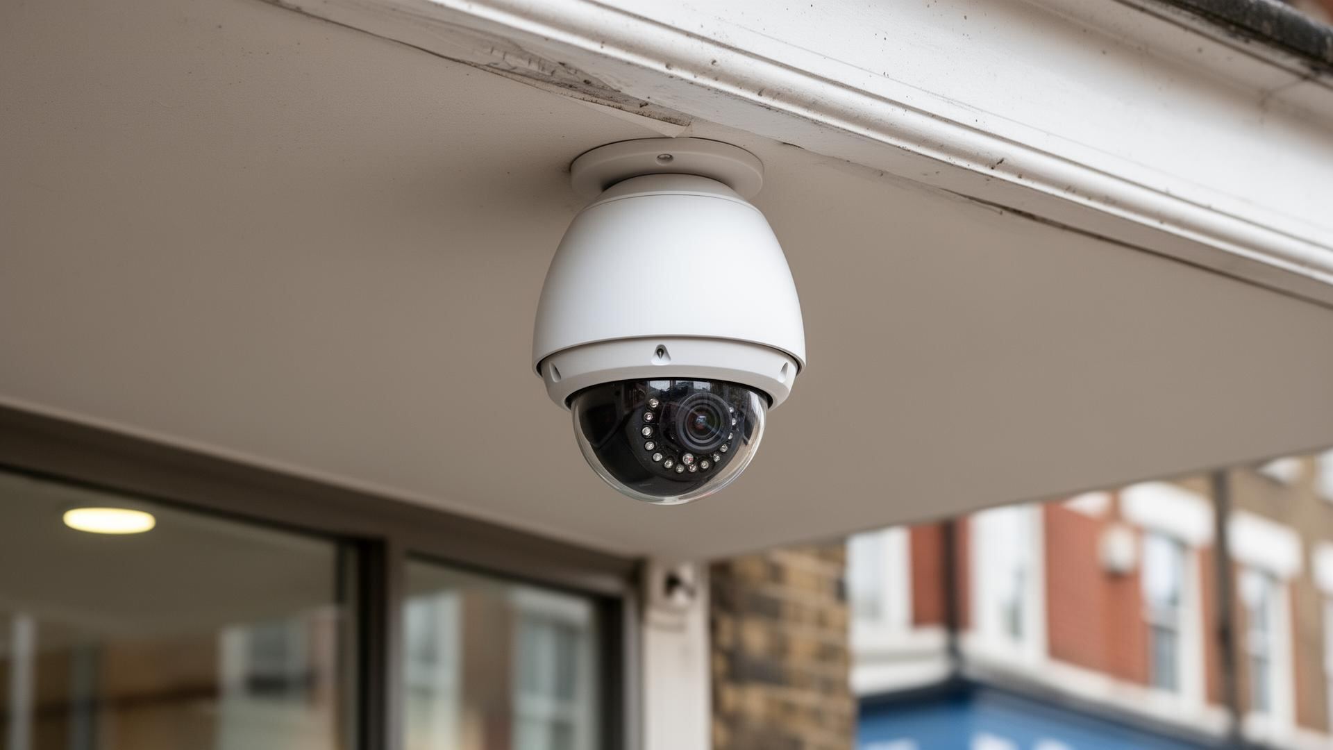 Dome CCTV security camera installed under the eaves of a commercial building at dusk