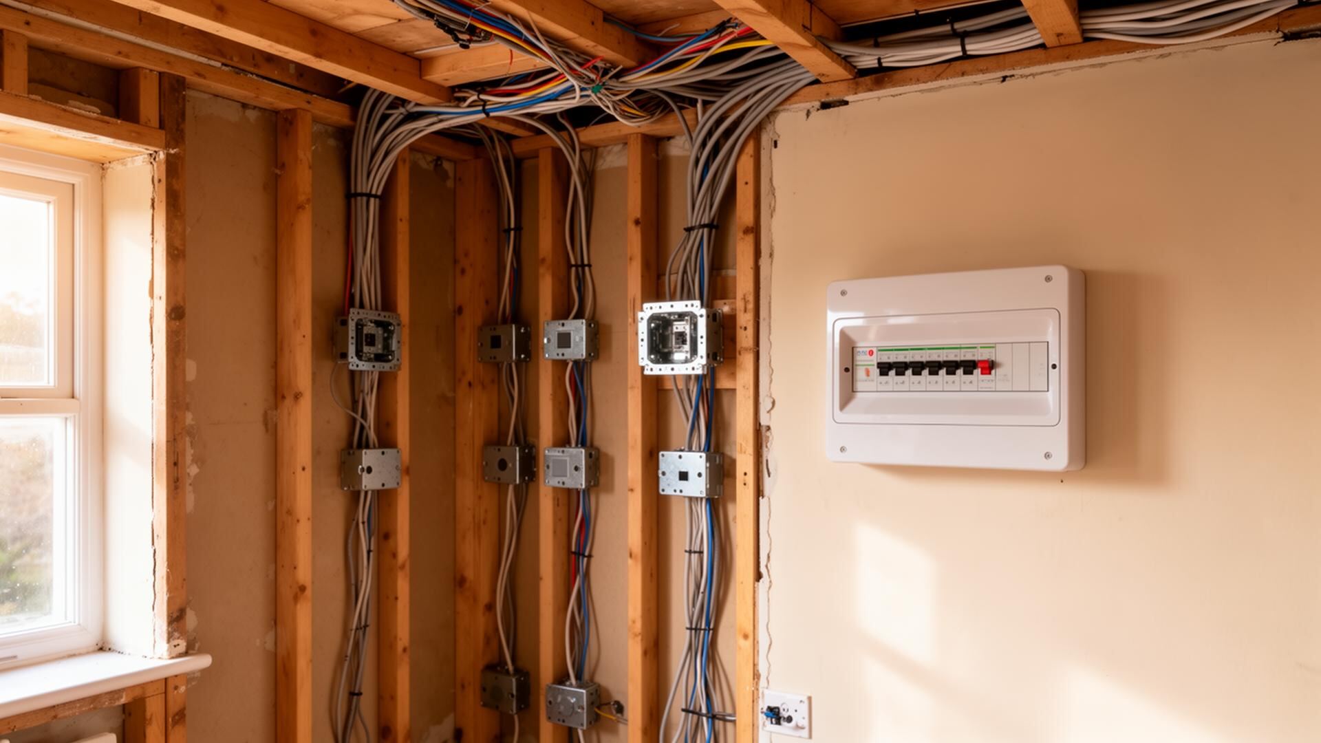 First-fix electrical rewiring with new consumer unit and cables run through stud wall joists